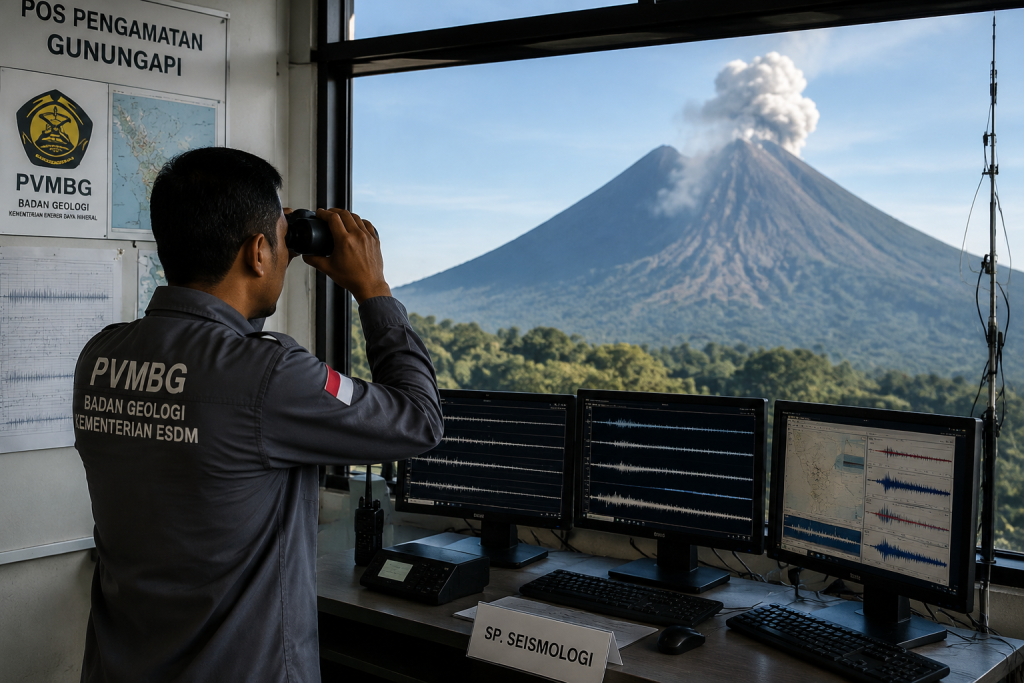 Petugas vulkanologi memantau aktivitas seismik gunung api aktif di pos pengamatan PVMBG.