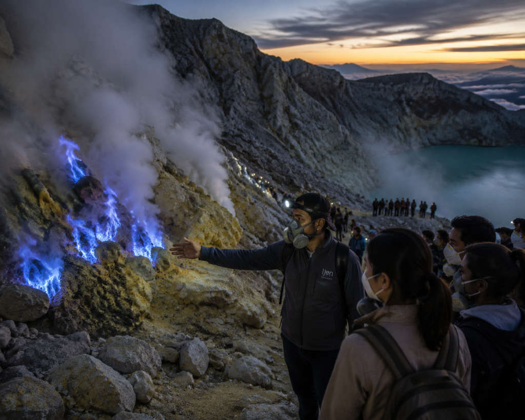 Fenomena alam blue fire dan danau kawah asam di kawasan UNESCO Global Geopark Ijen.