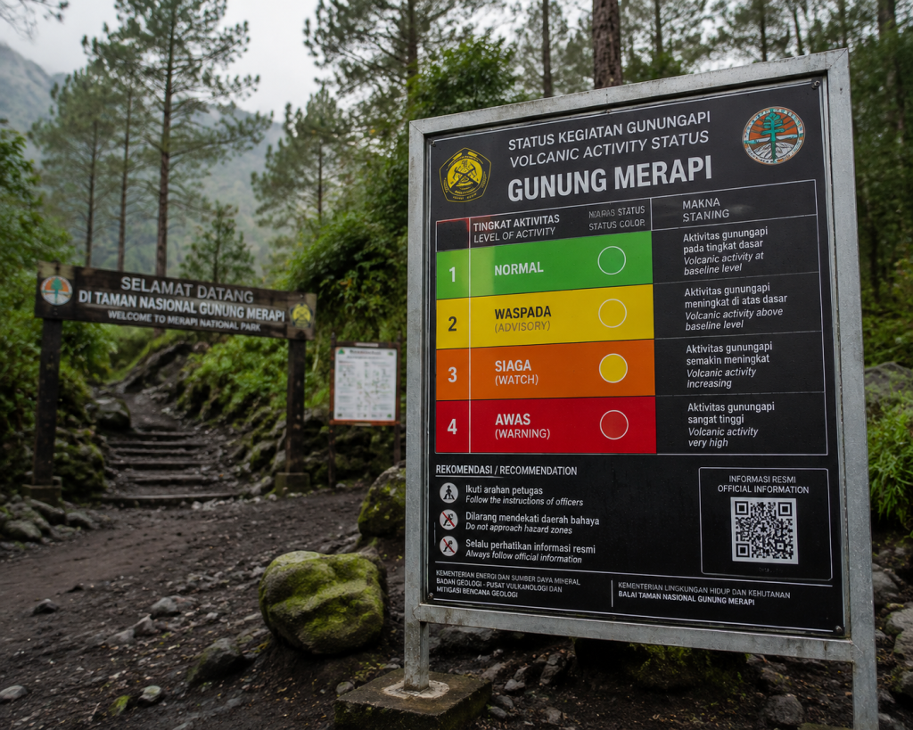 Papan informasi tingkat aktivitas vulkanik dan radius aman pendakian resmi dari PVMBG.