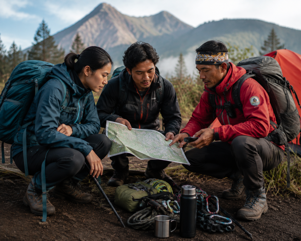 Pendaki mempersiapkan perlengkapan navigasi dan keselamatan sebelum menjelajahi jalur gunung api aktif.