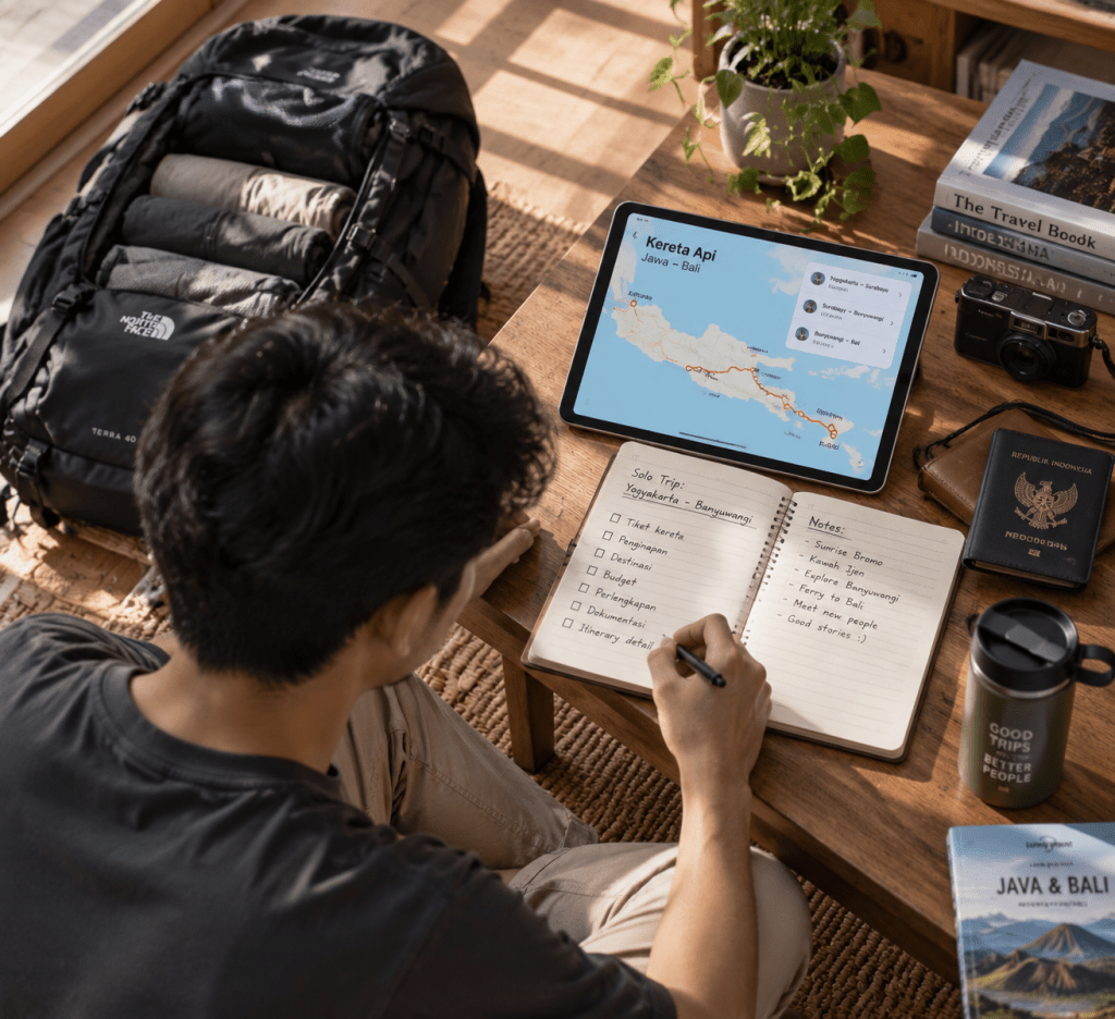 Perencanaan rute perjalanan mandiri solo travel menggunakan tablet dan tas ransel di kamar.