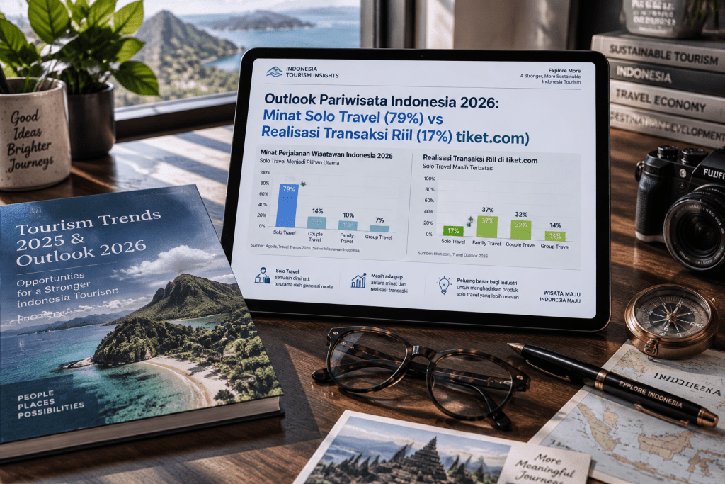 Tablet menampilkan grafik komparasi minat solo travel 79 persen dengan realisasi transaksi 17 persen tiket.com.