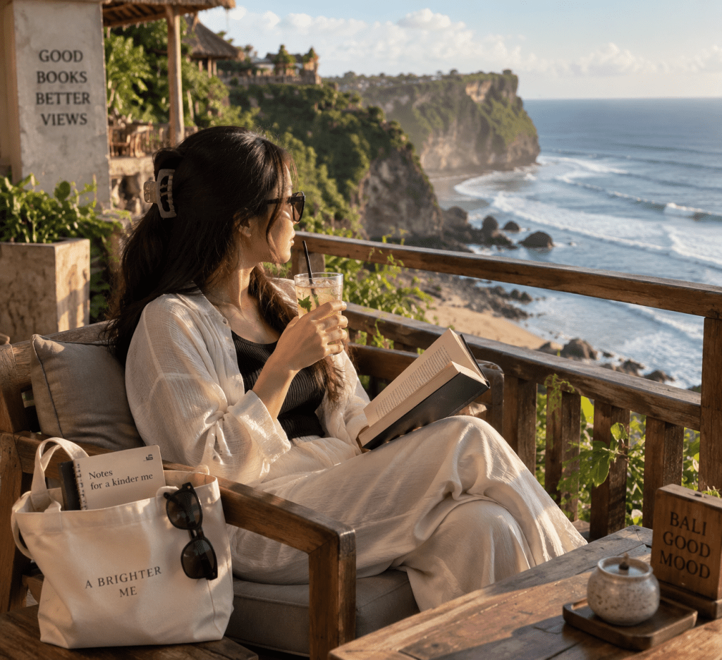 Wisatawan wanita menikmati waktu santai di kafe tepi pantai sebagai bentuk rehat mental dari rutinitas kerja.