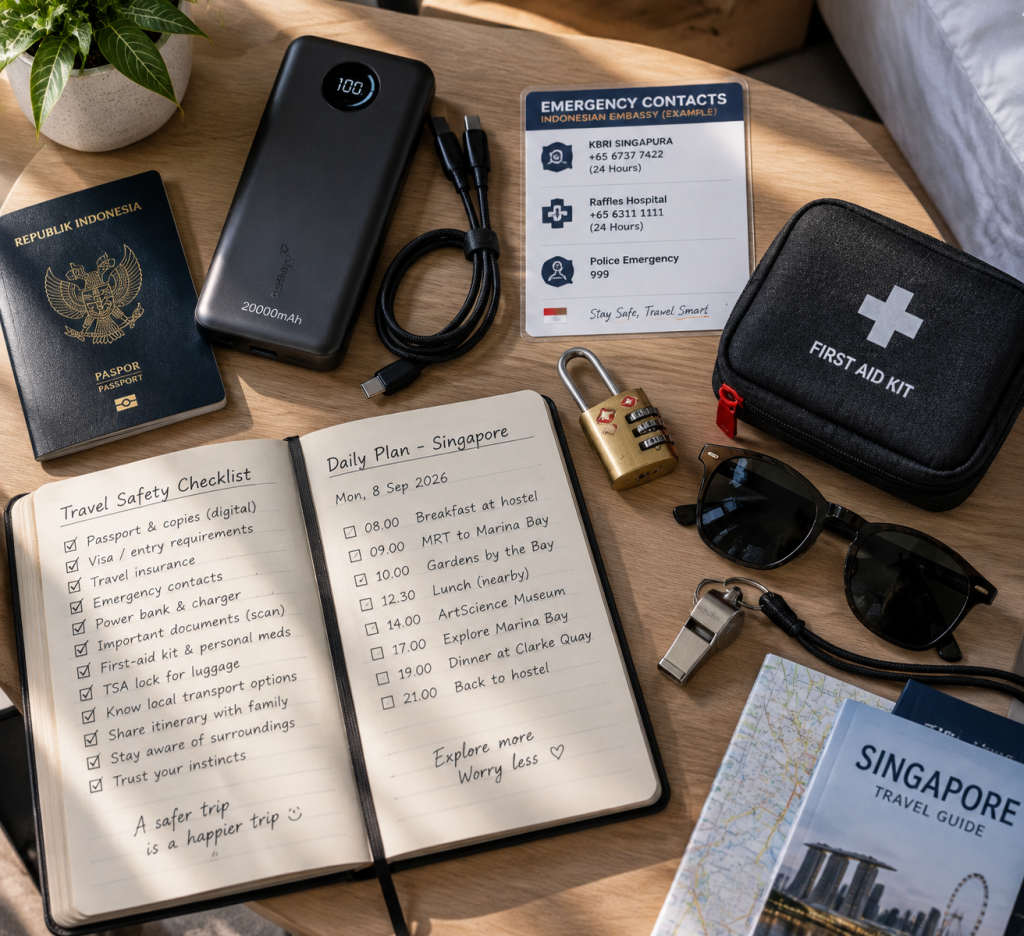 Perlengkapan keselamatan solo travel berupa power bank, gembok koper, dan kartu kontak darurat di meja hostel.