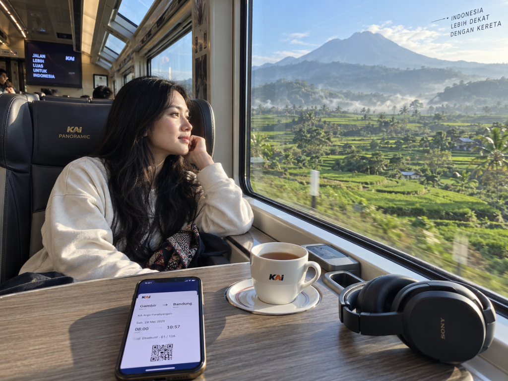 Solo traveler menikmati pemandangan alam dari dalam gerbong kereta eksekutif KAI melintasi perbukitan Jawa Tengah.
