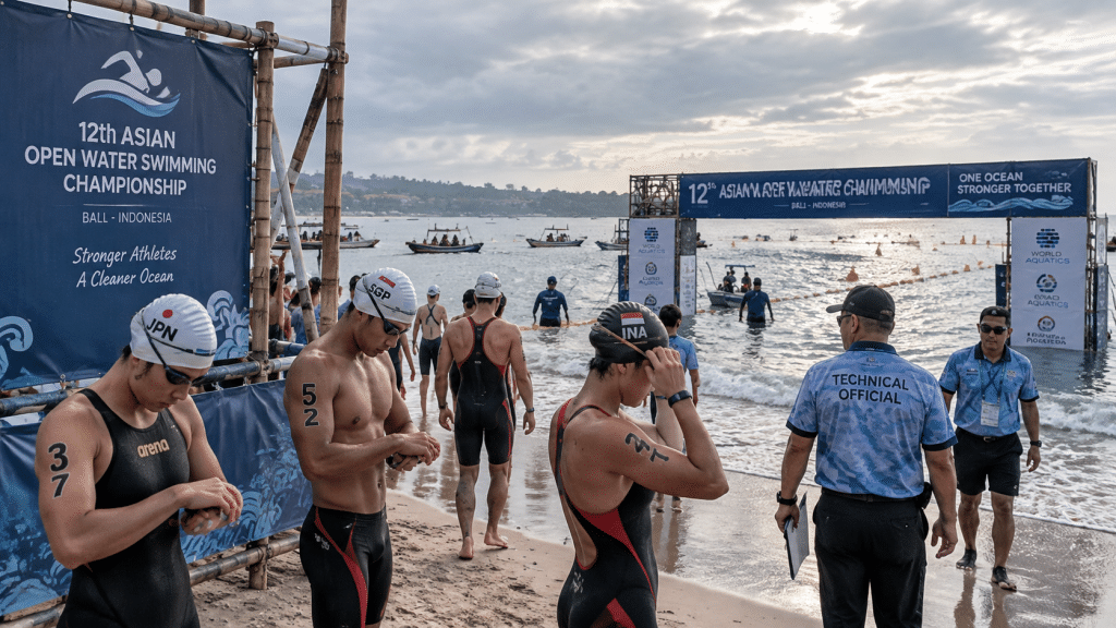 Barisan atlet menerjang ombak Pantai Jimbaran Bali pada ajang Open Water Swimming PB Akuatik 2026.