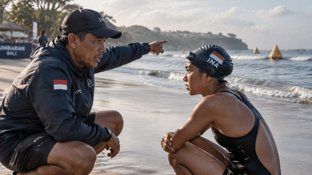 Pelatih memberikan instruksi taktis kepada perenang muda di bibir pantai sebelum bertanding di ajang Open Water Swimming PB Akuatik 2026.
