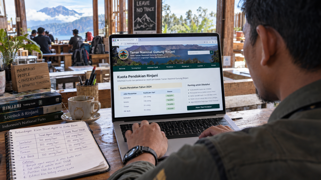 Koordinator pendakian memverifikasi rilis pers resmi Balai TNGR di laptop untuk menyaring jadwal dan kuota yang valid.