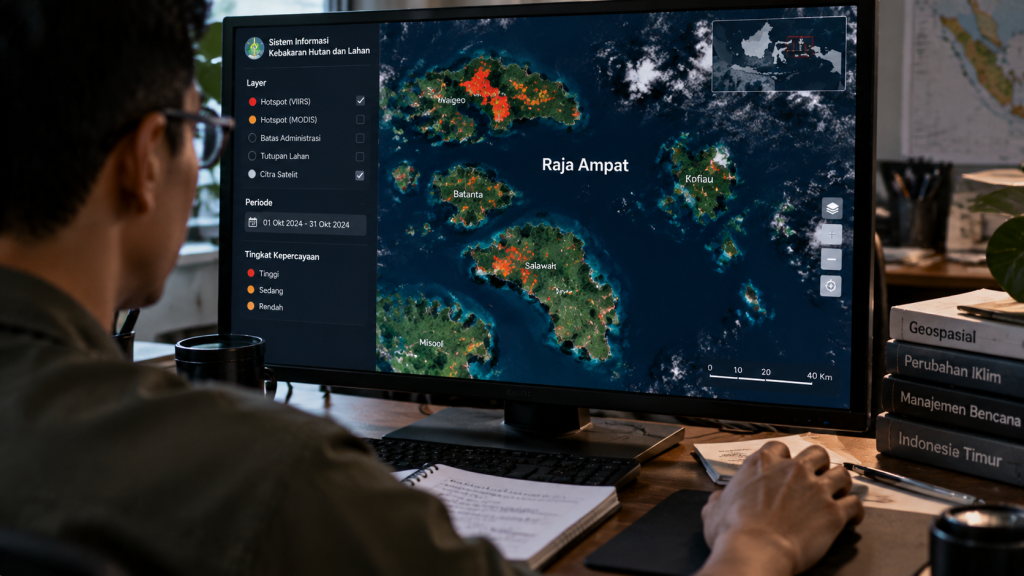 Homestay Batanta Raja Ampat Sepi Sebulan, Tamu Batal Usai Karhutla 4 Jurnalis melihat peta satelit titik api sebaran karhutla (hotspot) di kawasan Raja Ampat melalui layar monitor komputernya.
