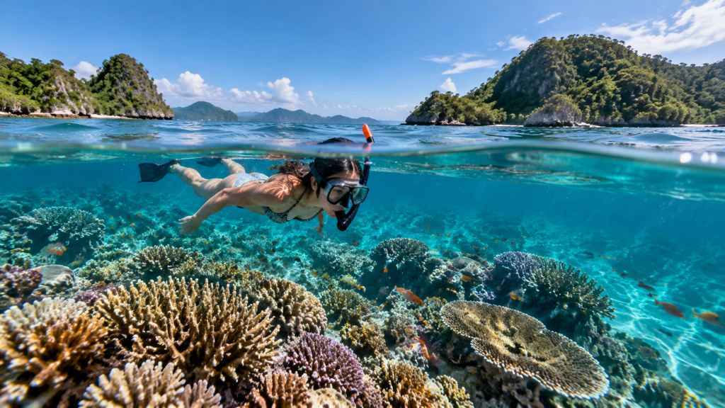 Homestay Batanta Raja Ampat Sepi Sebulan, Tamu Batal Usai Karhutla 5 Wisatawan menikmati aktivitas snorkeling di perairan laut Raja Ampat yang sangat jernih dan terumbu karang sehat, membuktikan wisata laut tidak terganggu.
