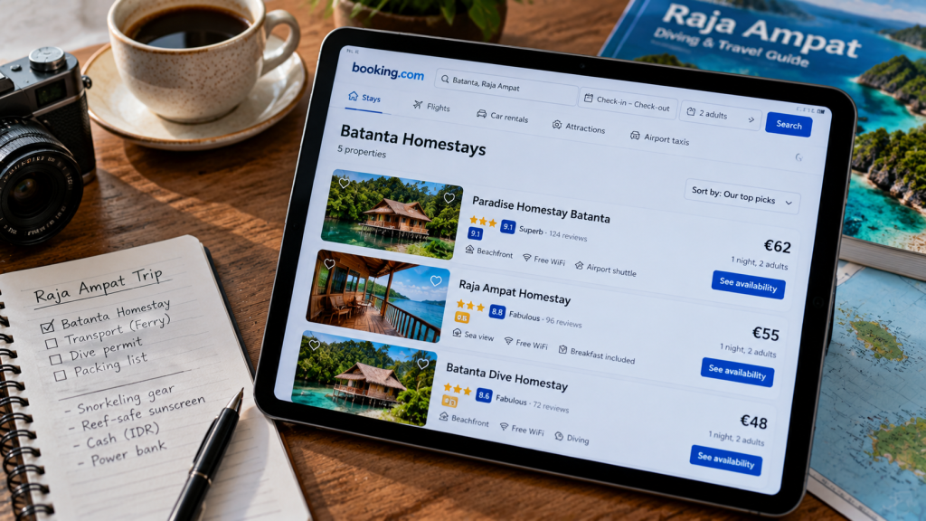 Homestay Batanta Raja Ampat Sepi Sebulan, Tamu Batal Usai Karhutla 6 Layar komputer tablet menampilkan halaman direktori situs web Stay Raja Ampat yang memuat daftar harga dan rating berbagai homestay di Pulau Batanta.