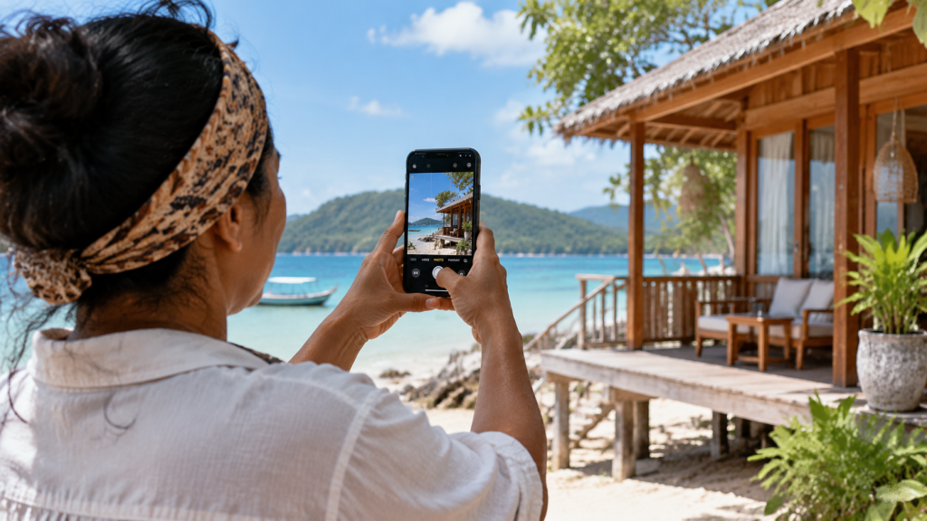 Homestay Batanta Raja Ampat Sepi Sebulan, Tamu Batal Usai Karhutla 7 Pemilik homestay memotret kondisi terbaru bungalonya yang cerah menggunakan ponsel untuk dikirimkan sebagai bukti visual kepada calon tamu.