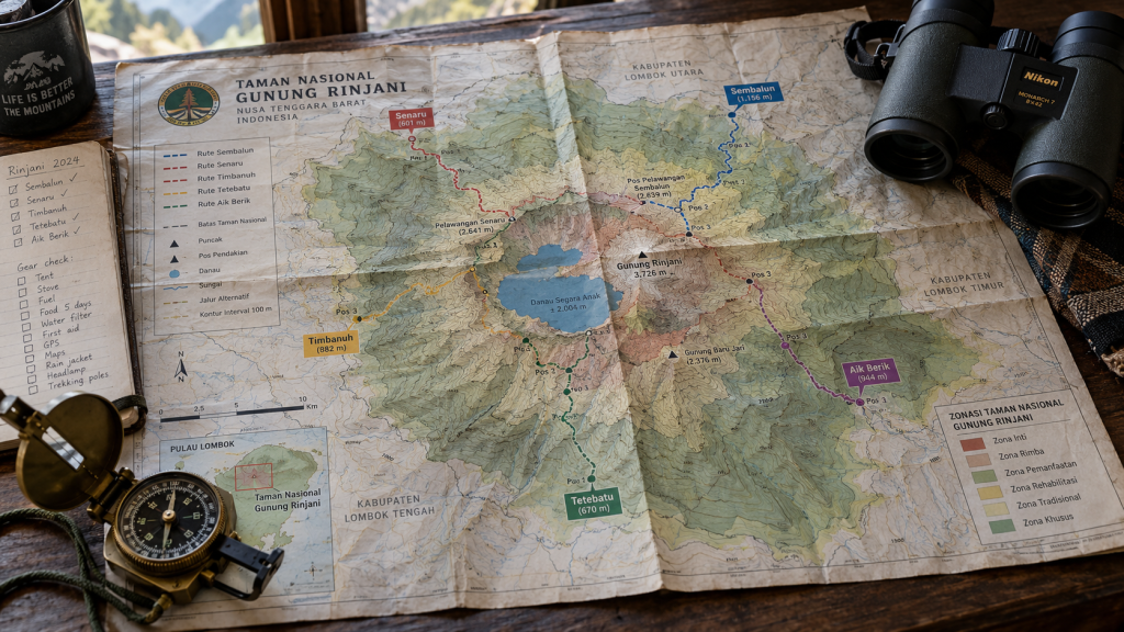 Peta topografi resmi Taman Nasional Gunung Rinjani yang memetakan jalur Sembalun, Senaru, Timbanuh, Tetebatu, dan Aik Berik.