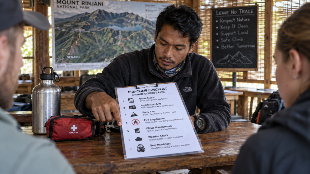 Pendaki memeriksa daftar perlengkapan dan checklist verifikasi kuota eRinjani di ruang persiapan basecamp.