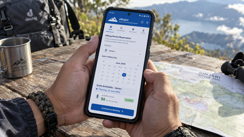 Pengguna mengoperasikan aplikasi mobile eRinjani pada smartphone untuk memilih jalur Senaru dan memverifikasi kuota.